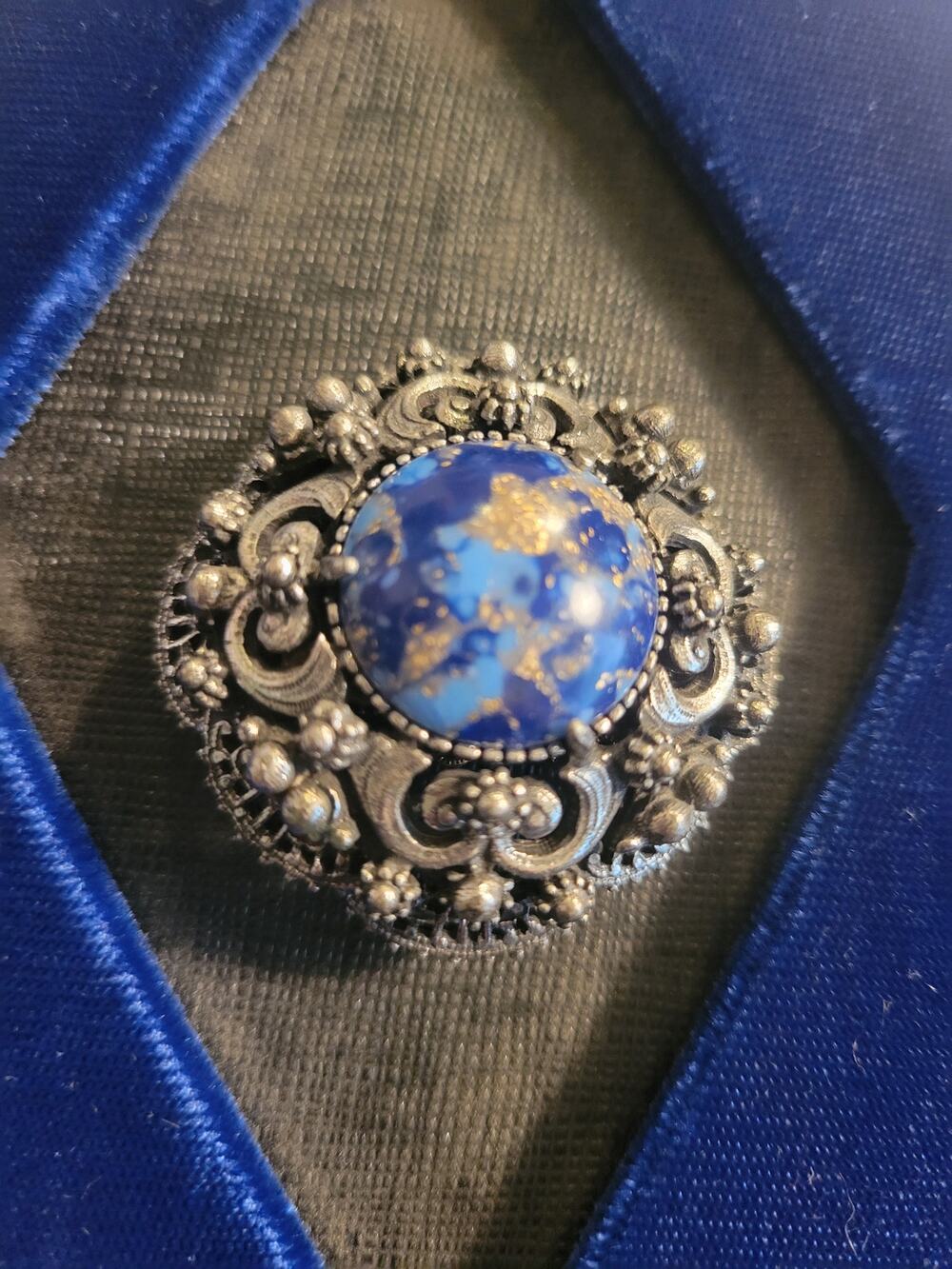 Vintage Florenza signed Brooch Blue swirl on ornate silver tone w/ magnetic back